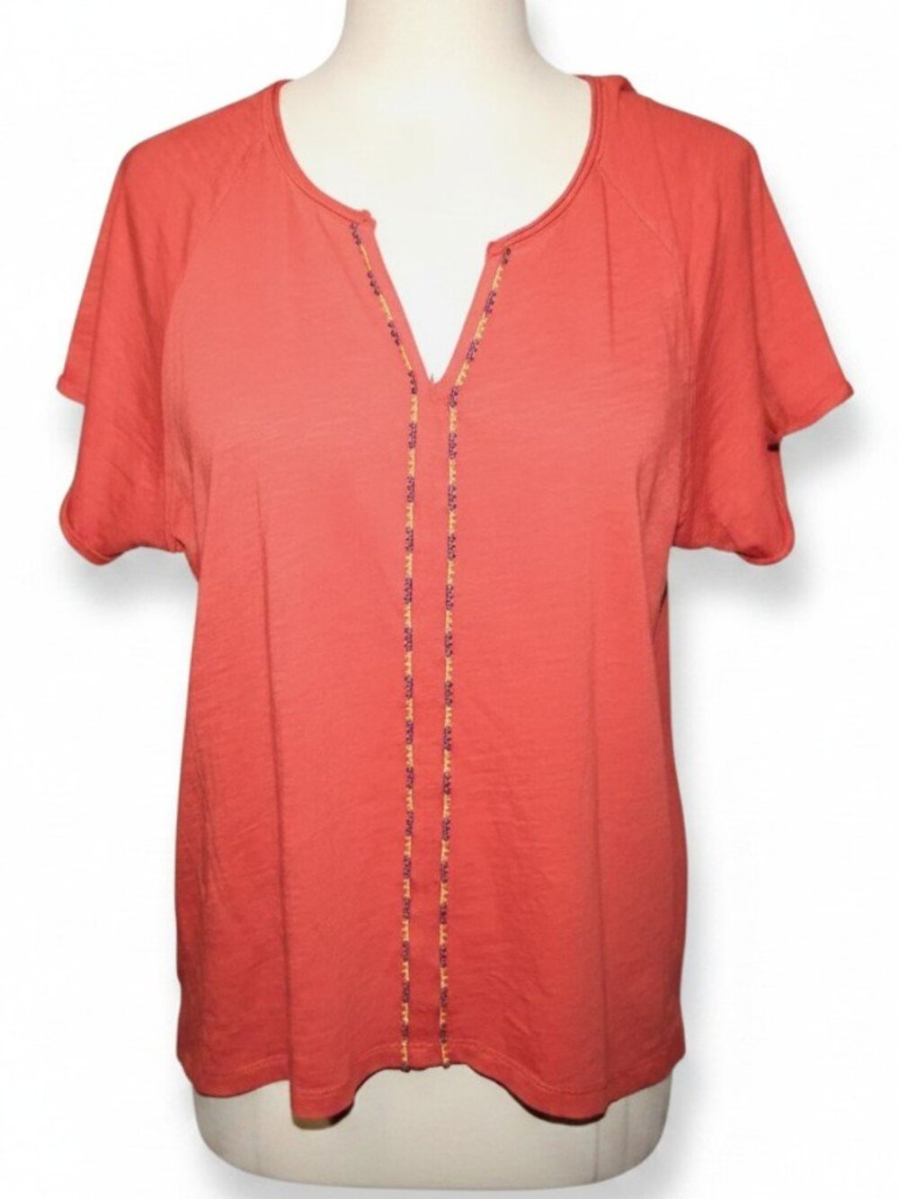 Pendleton 100% Cotton Rust Orange Embroidered Split V-Neck Tee Medium